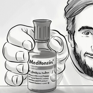 Titel-Meditonsin-Flasche im Vordergrund